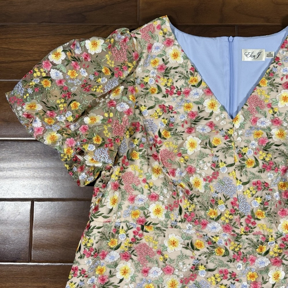 Eliza J Women's Size 24 W Floral Embroidered V Neck Puff Sleeve Mesh Dress - Picture 2 of 12